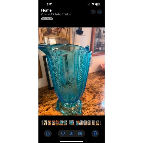 1874 antique Wildflower Blue Glass Pitcher rare collectible glassware - Picture 3 of 4